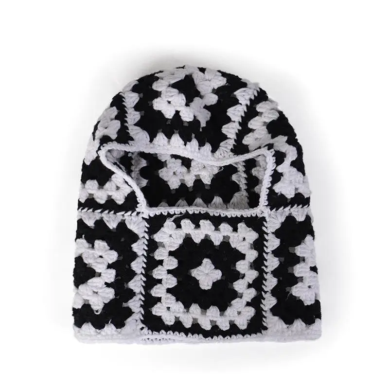 Women Handmade Crochet Checked Plaid Knit Female Hooded Cap Pullover Beanies Cap Neck Warm Balaclava Hat