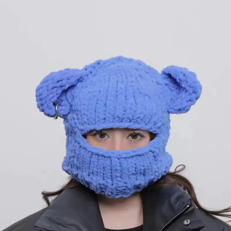 Women Men Cute Bear Ears Face Cover Pullover Hat Winter Warm Acrylic Caps Thick Cool Chain Knit Beanie Hat