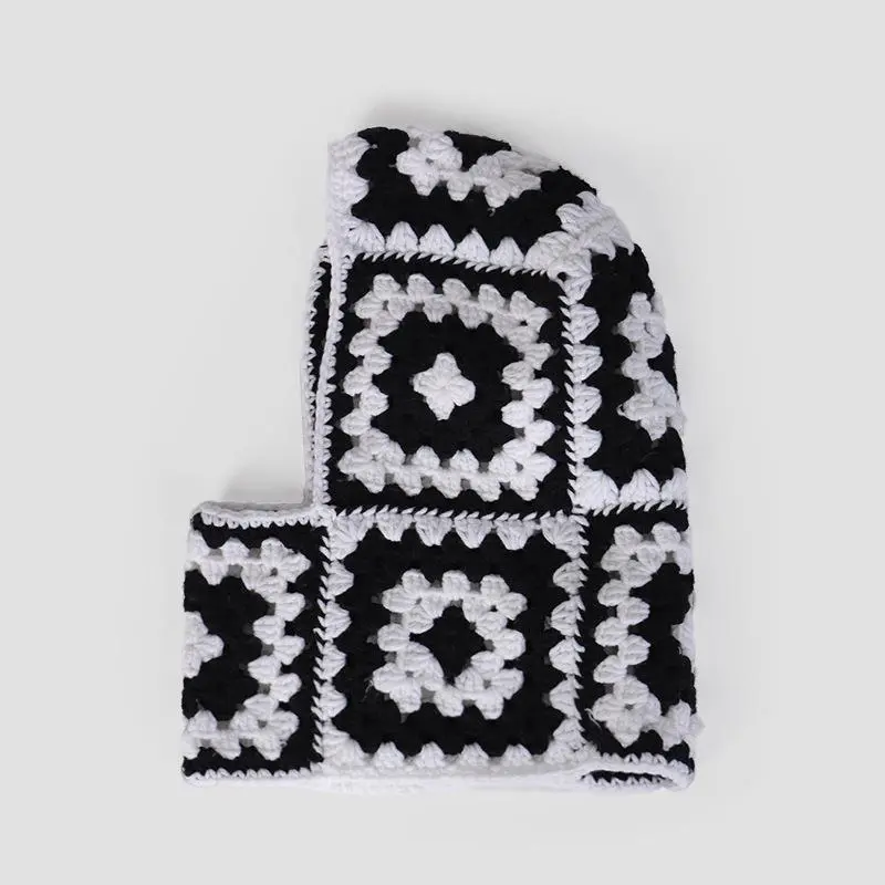 Women Handmade Crochet Checked Plaid Knit Female Hooded Cap Pullover Beanies Cap Neck Warm Balaclava Hat