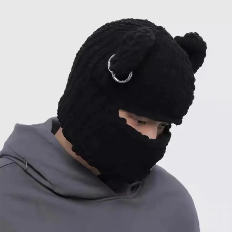 Women Men Cute Bear Ears Face Cover Pullover Hat Winter Warm Acrylic Caps Thick Cool Chain Knit Beanie Hat
