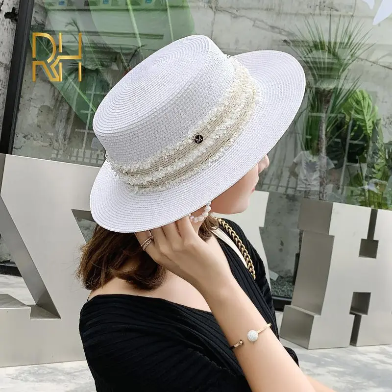 Luxury Brand Women And Ladies Straw Sun Hats Fashion Ribbon Sun Summer Hat For Girls Lady Handmade Flat Panama Beach Hat RH