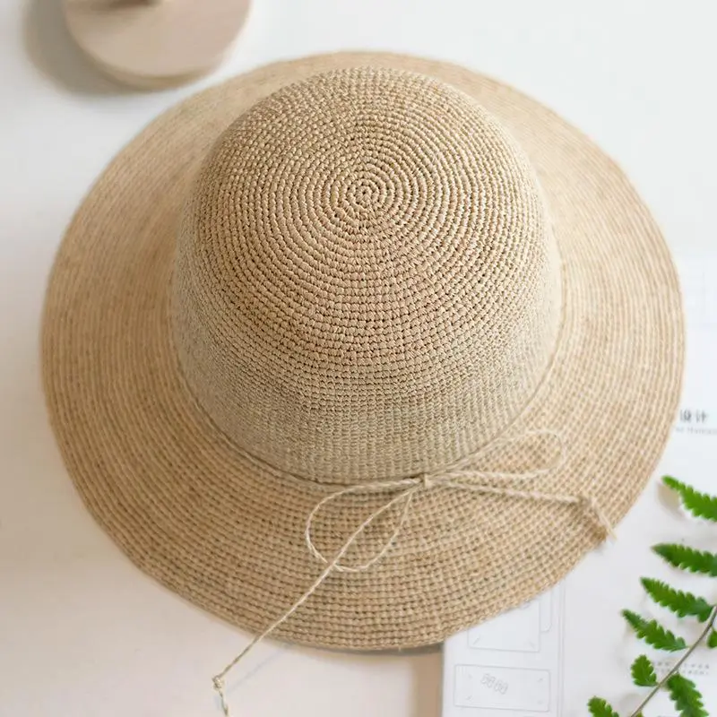 RH High Quality Raffia Crochet Handmade Hook Straw Hat Sun Foldable Lafite Holidays Summer Beach Hat