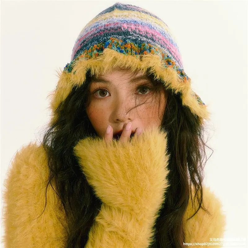 Fashion Colorful Gradient Stripe Soft Hat Women Autumn Winter Cute Handmade Plush Hat Knitted Fisherman Bucket Hat
