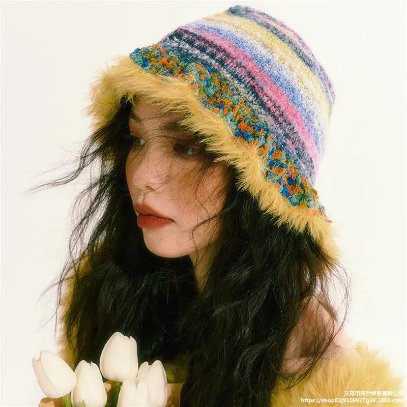 Fashion Colorful Gradient Stripe Soft Hat Women Autumn Winter Cute Handmade Plush Hat Knitted Fisherman Bucket Hat