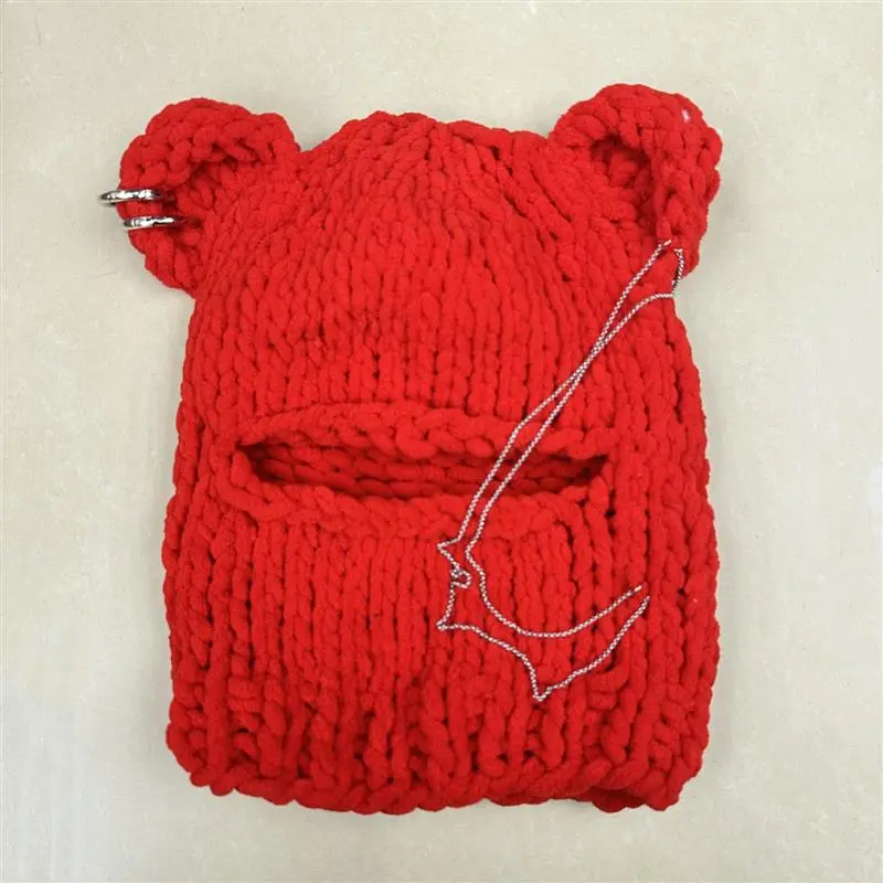 Women Men Cute Bear Ears Face Cover Pullover Hat Winter Warm Acrylic Caps Thick Cool Chain Knit Beanie Hat