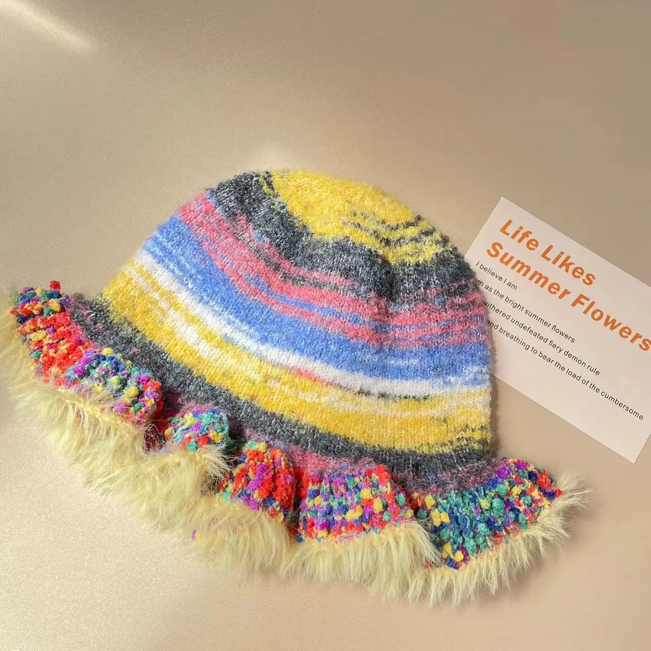 Fashion Colorful Gradient Stripe Soft Hat Women Autumn Winter Cute Handmade Plush Hat Knitted Fisherman Bucket Hat