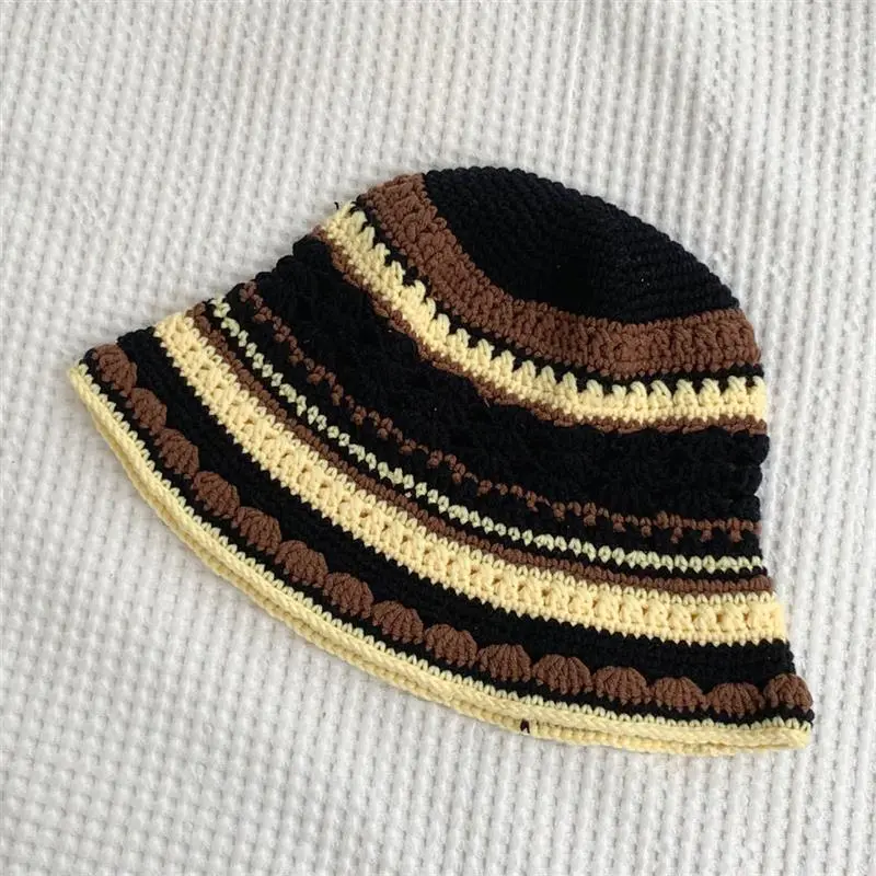 Autumn Spring Handmade Woven Hollowed Out Knitted Hat Ins Outdoor Walking Breathable Casual Stripe Fisherman Hat