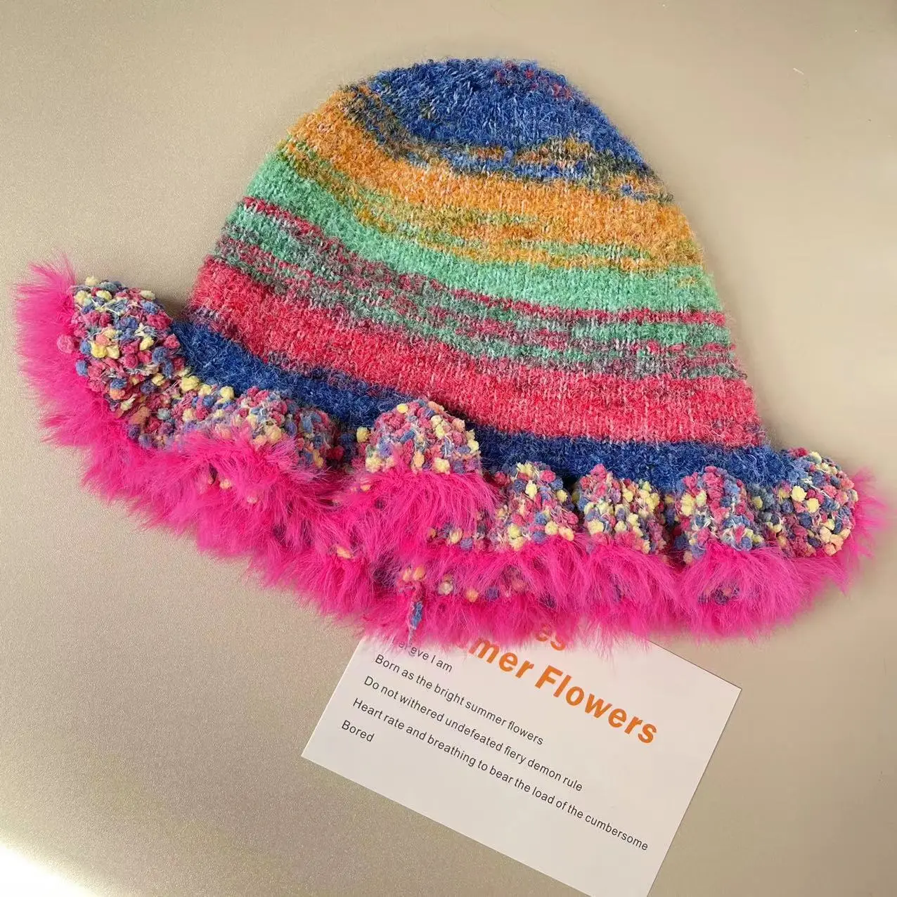 Fashion Colorful Gradient Stripe Soft Hat Women Autumn Winter Cute Handmade Plush Hat Knitted Fisherman Bucket Hat