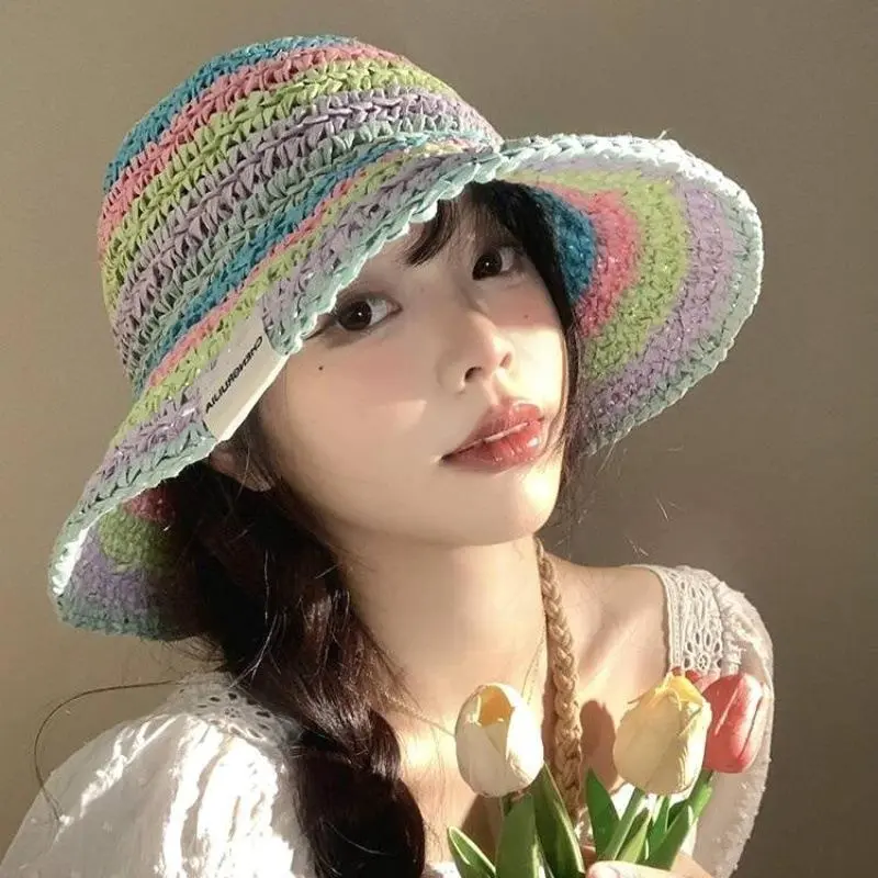 Lady Colorful Hollow Woven Stripe Straw Hat Vacation Foldable Round Bucket Sun Hat For Women
