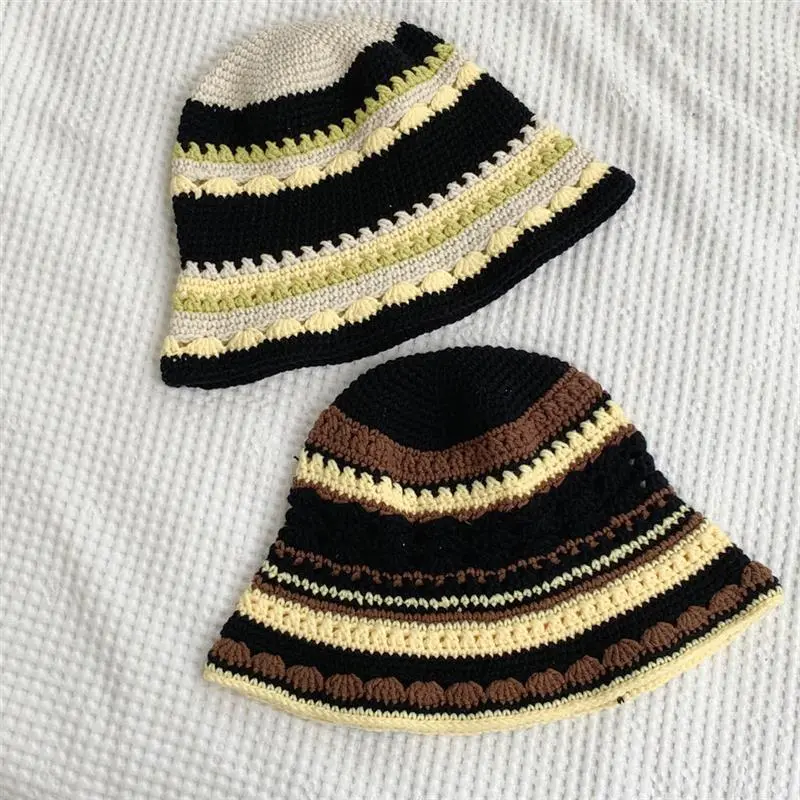 Autumn Spring Handmade Woven Hollowed Out Knitted Hat Ins Outdoor Walking Breathable Casual Stripe Fisherman Hat
