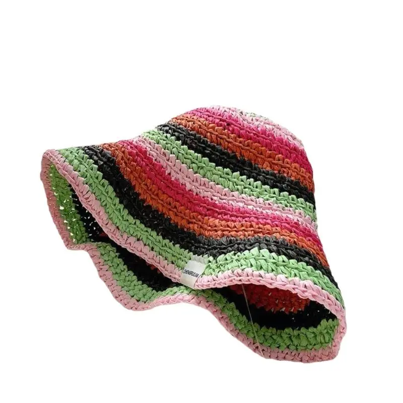 Lady Colorful Hollow Woven Stripe Straw Hat Vacation Foldable Round Bucket Sun Hat For Women