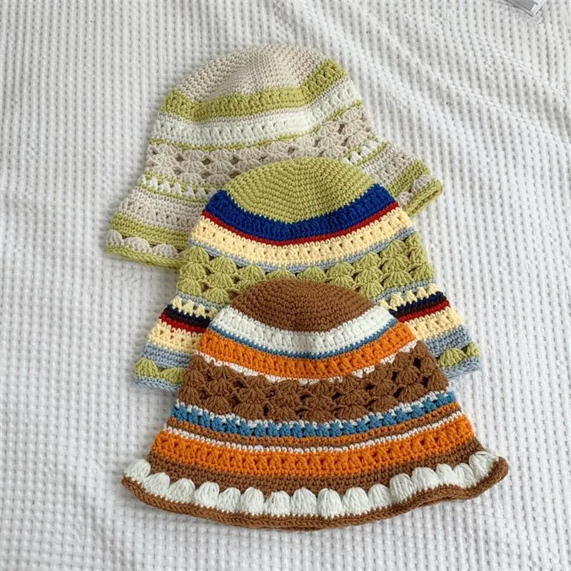 Autumn Spring Handmade Woven Hollowed Out Knitted Hat Ins Outdoor Walking Breathable Casual Stripe Fisherman Hat