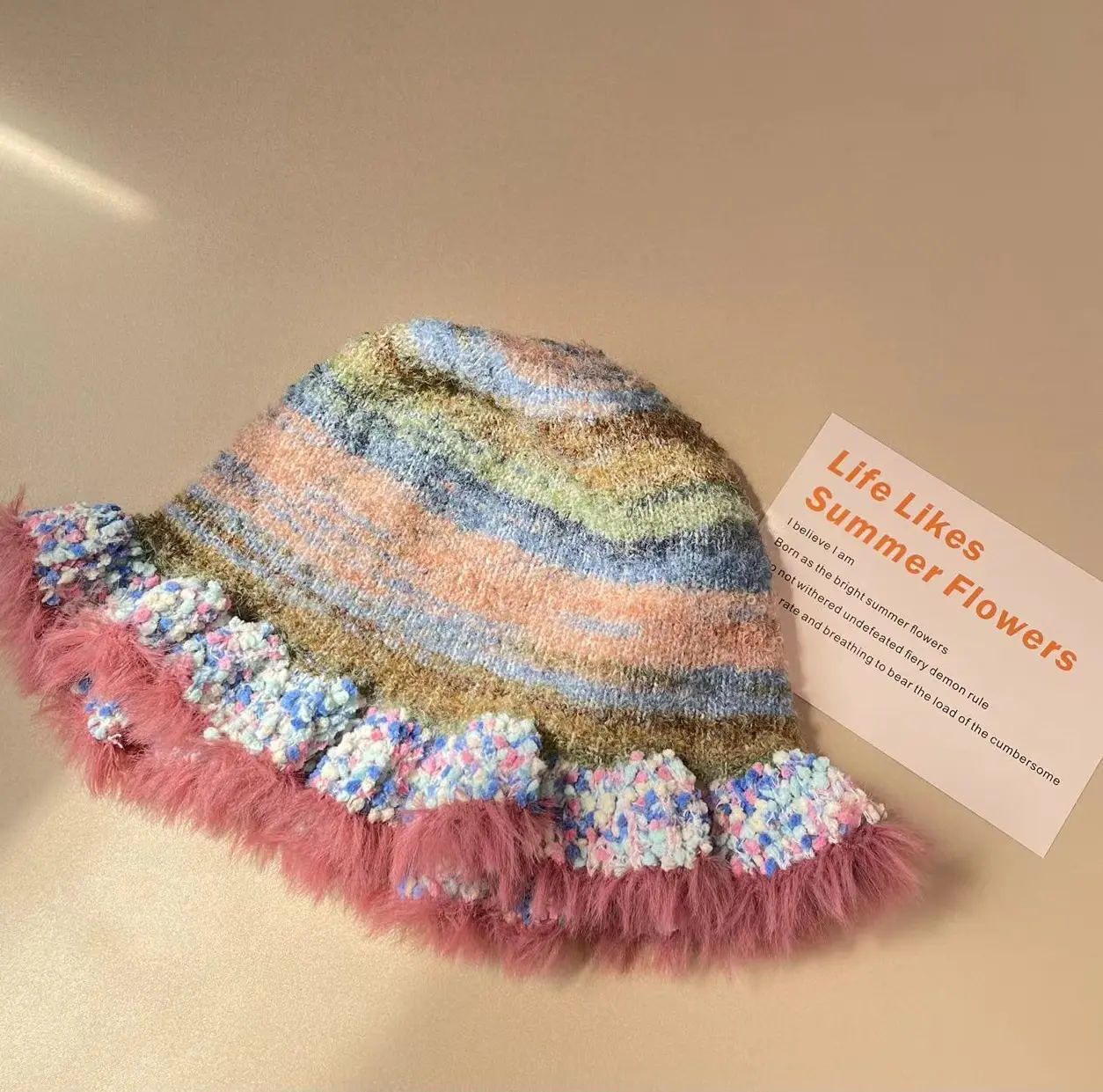 Fashion Colorful Gradient Stripe Soft Hat Women Autumn Winter Cute Handmade Plush Hat Knitted Fisherman Bucket Hat