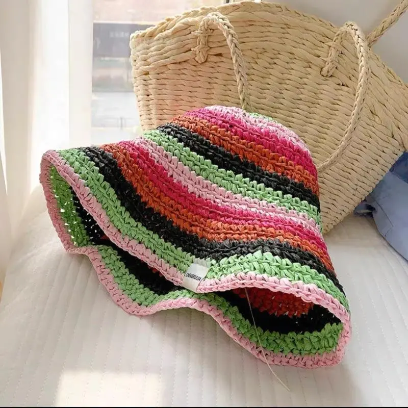 Lady Colorful Hollow Woven Stripe Straw Hat Vacation Foldable Round Bucket Sun Hat For Women