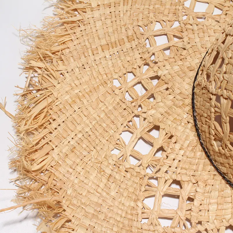 Women Handmade Natural Raffia Grass Hat Larged Brim Fringe Beach Flower Hollow Woven Sun Hat