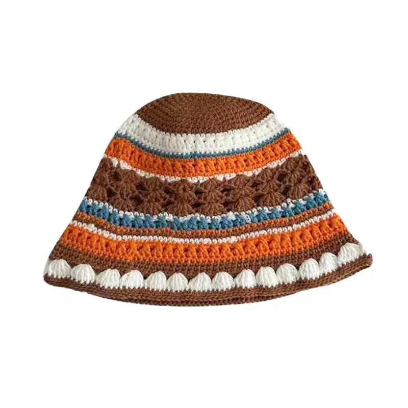 Autumn Spring Handmade Woven Hollowed Out Knitted Hat Ins Outdoor Walking Breathable Casual Stripe Fisherman Hat