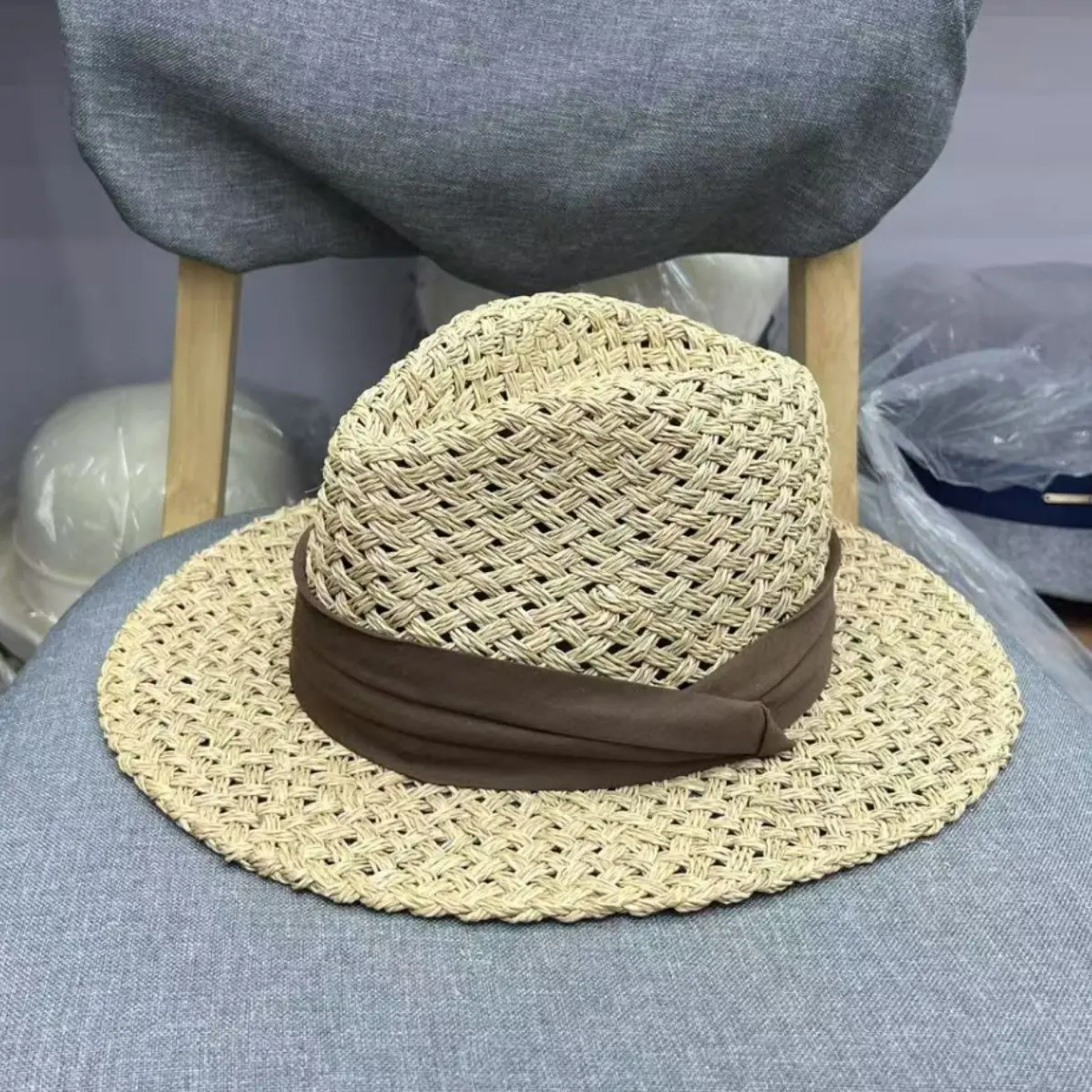 Retro Summer Sun Protection Hat Women Casual Salty Jazz Style Panama Fedora Seagrass Hat With Ribbon