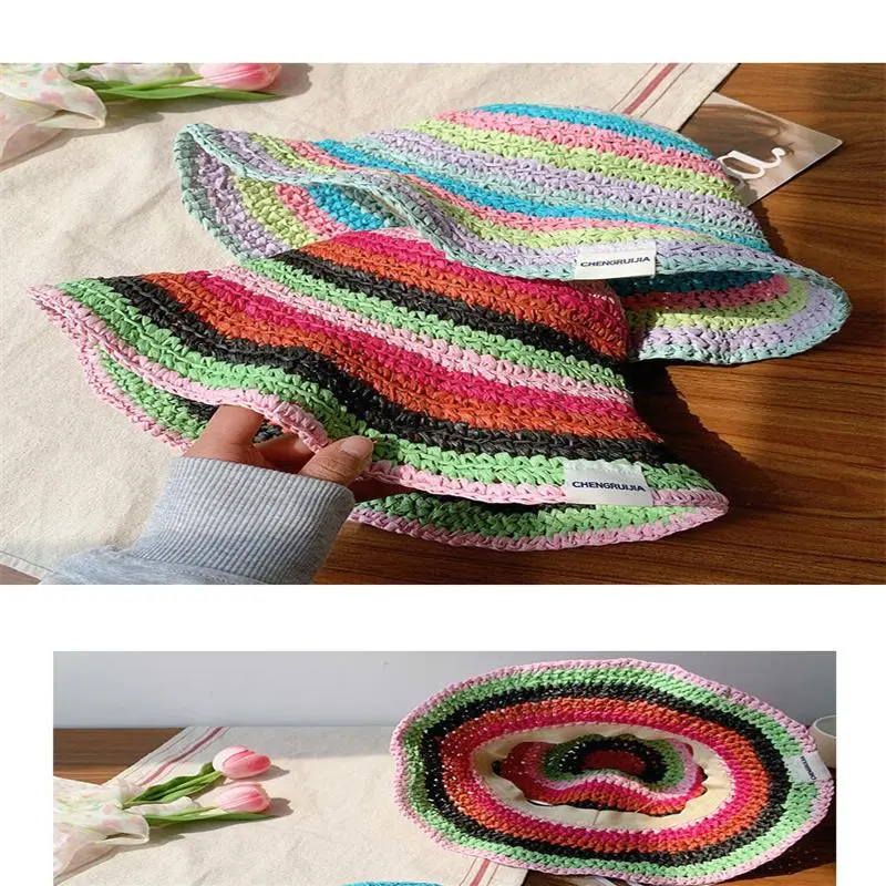 Lady Colorful Hollow Woven Stripe Straw Hat Vacation Foldable Round Bucket Sun Hat For Women
