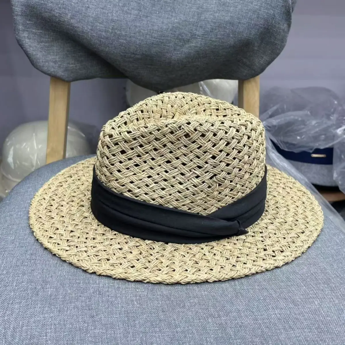 Retro Summer Sun Protection Hat Women Casual Salty Jazz Style Panama Fedora Seagrass Hat With Ribbon