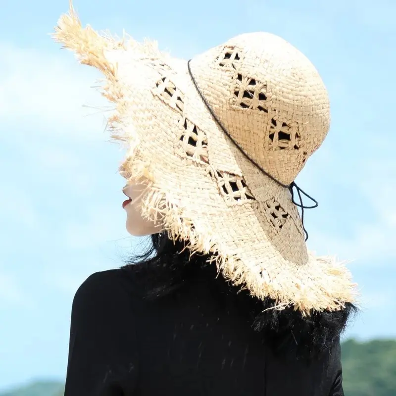 Women Handmade Natural Raffia Grass Hat Larged Brim Fringe Beach Flower Hollow Woven Sun Hat
