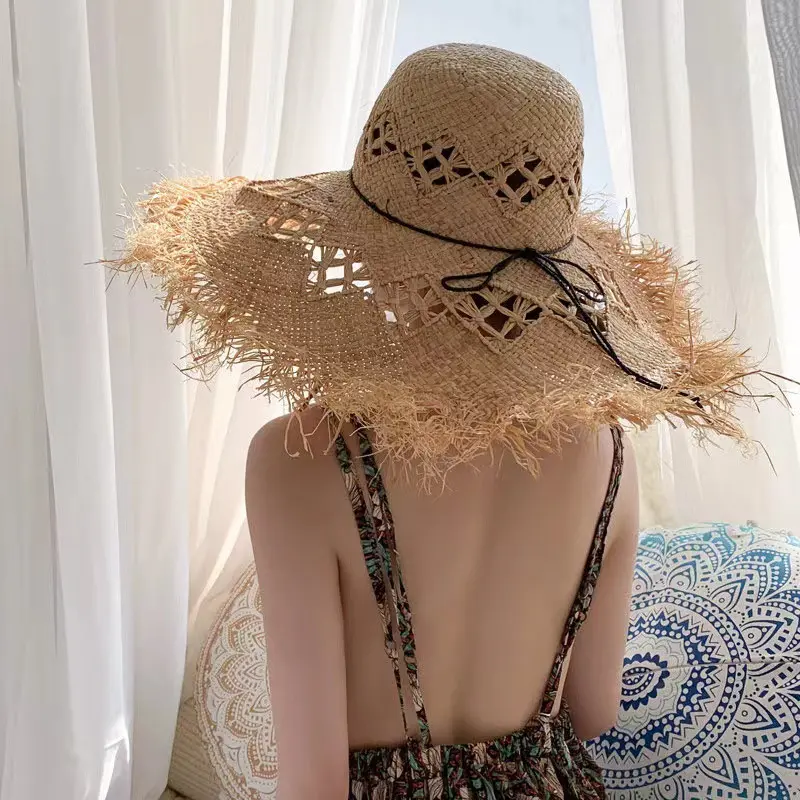 Women Handmade Natural Raffia Grass Hat Larged Brim Fringe Beach Flower Hollow Woven Sun Hat