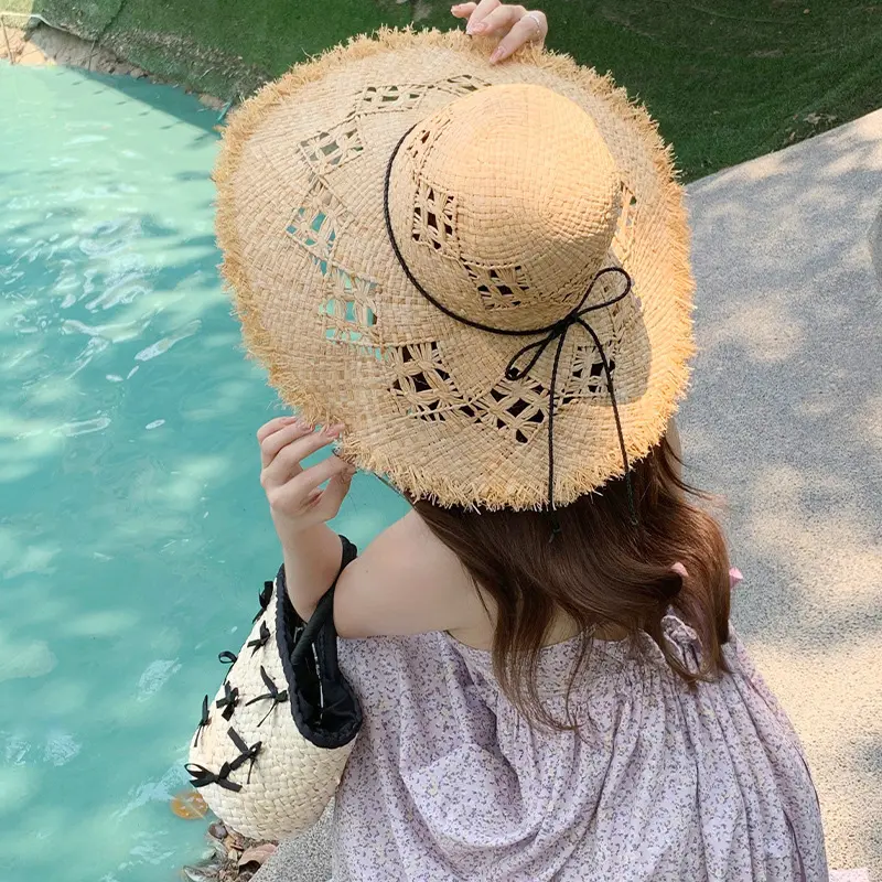 Women Handmade Natural Raffia Grass Hat Larged Brim Fringe Beach Flower Hollow Woven Sun Hat