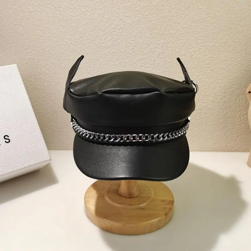 New Black Military Hats For Women Beret Fashion Casual Pu Leather Navy Hat Star Brand Demon Ears Punk Chain Sailor Cap