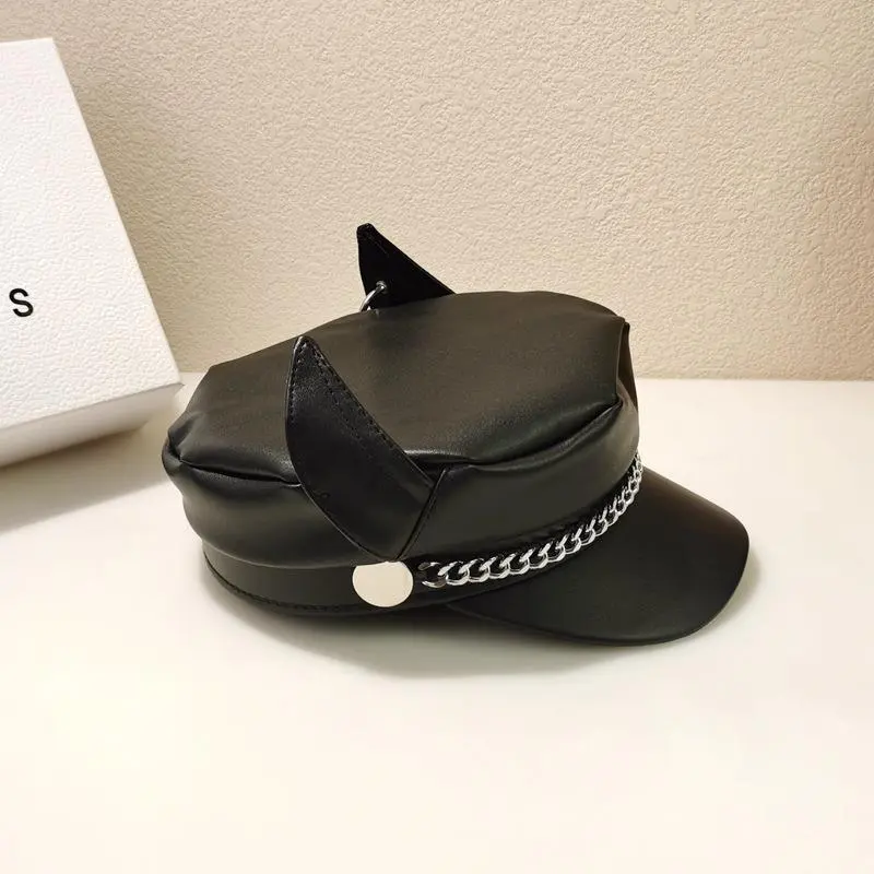 New Black Military Hats For Women Beret Fashion Casual Pu Leather Navy Hat Star Brand Demon Ears Punk Chain Sailor Cap