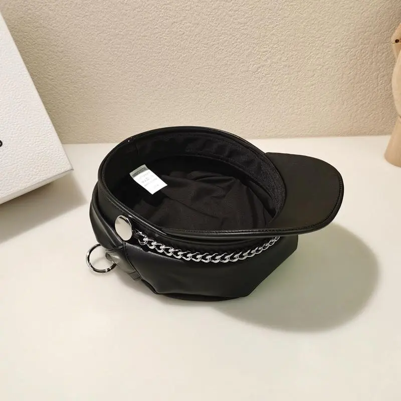 New Black Military Hats For Women Beret Fashion Casual Pu Leather Navy Hat Star Brand Demon Ears Punk Chain Sailor Cap