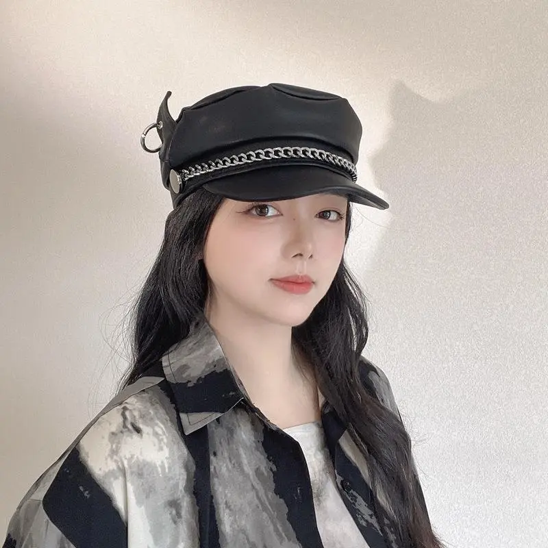 New Black Military Hats For Women Beret Fashion Casual Pu Leather Navy Hat Star Brand Demon Ears Punk Chain Sailor Cap