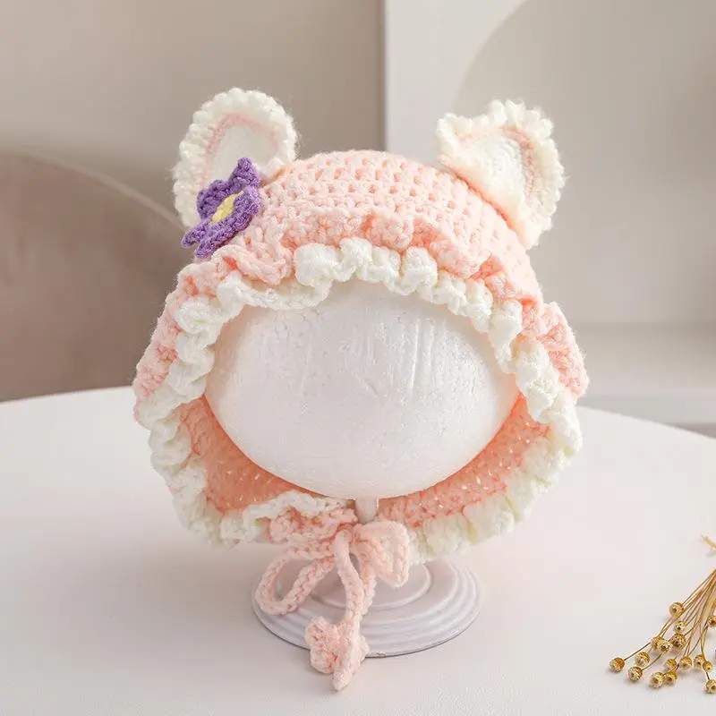 Autumn Winter New DIY Finished Little Baby Knit Crochet Toddler Newborn Hat Ear Protect Girls Pink Sweet Caps