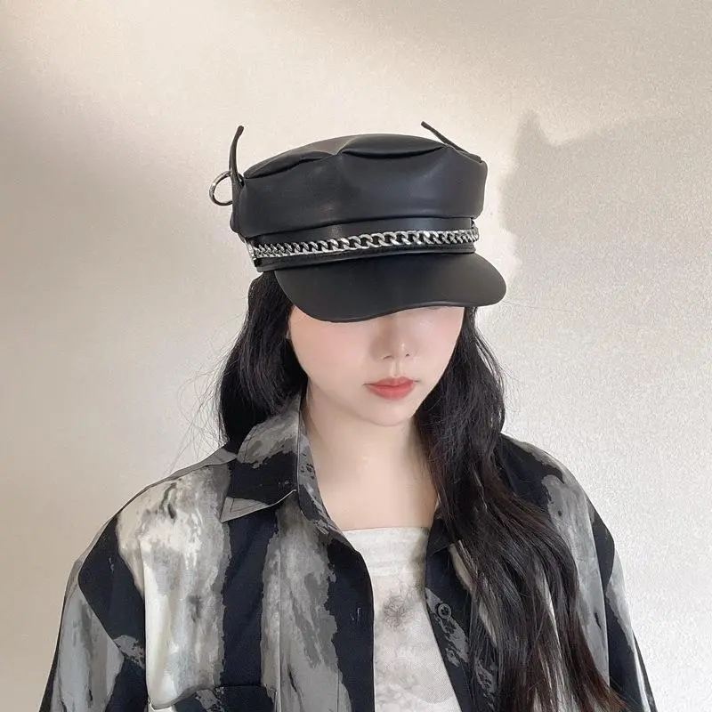 New Black Military Hats For Women Beret Fashion Casual Pu Leather Navy Hat Star Brand Demon Ears Punk Chain Sailor Cap