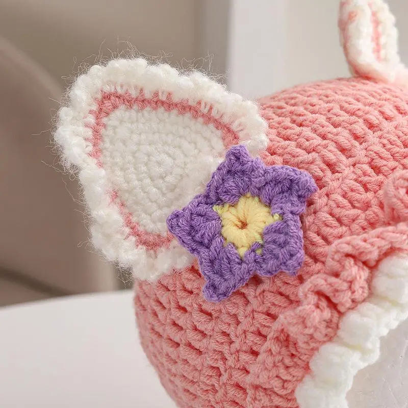 Autumn Winter New DIY Finished Little Baby Knit Crochet Toddler Newborn Hat Ear Protect Girls Pink Sweet Caps