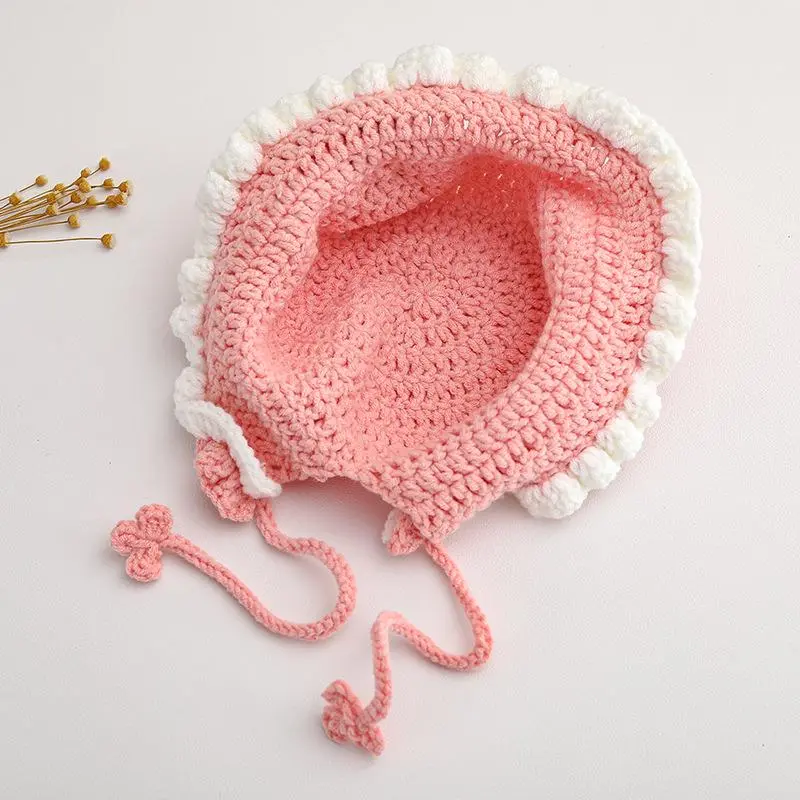 Autumn Winter New DIY Finished Little Baby Knit Crochet Toddler Newborn Hat Ear Protect Girls Pink Sweet Caps
