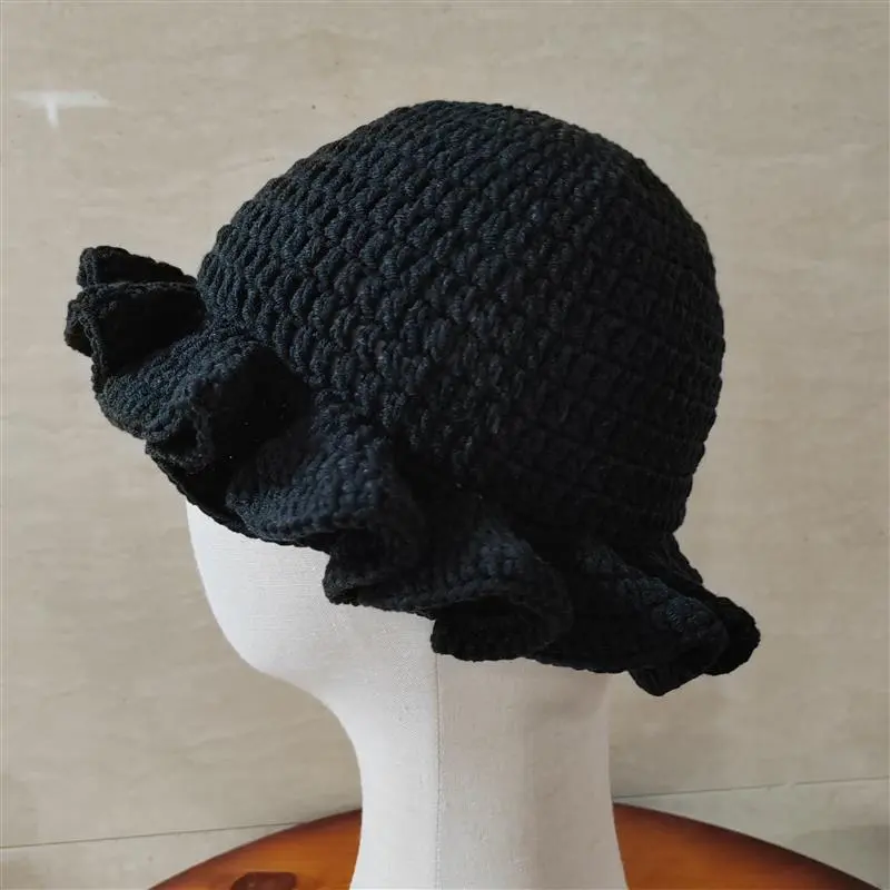 Women Handmade Cute Personality Versatile Hook Crochet Scallop Ruffle Edge Solid Colors Knit Bucket Hat