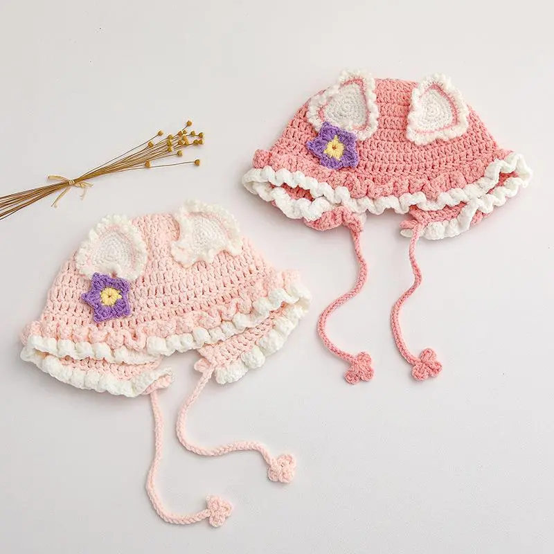 Autumn Winter New DIY Finished Little Baby Knit Crochet Toddler Newborn Hat Ear Protect Girls Pink Sweet Caps