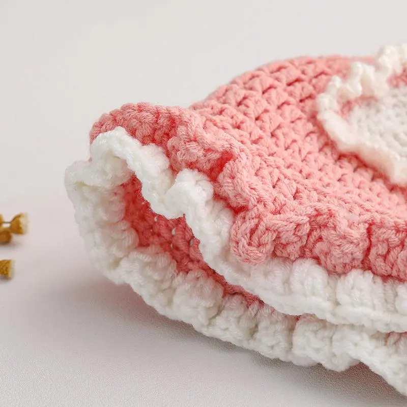Autumn Winter New DIY Finished Little Baby Knit Crochet Toddler Newborn Hat Ear Protect Girls Pink Sweet Caps