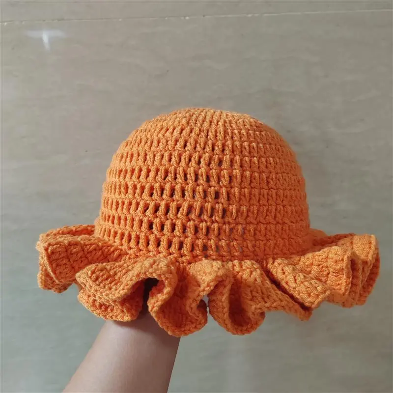 Women Handmade Cute Personality Versatile Hook Crochet Scallop Ruffle Edge Solid Colors Knit Bucket Hat