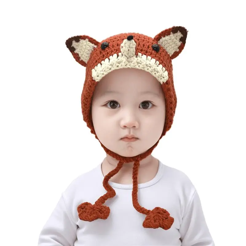 Baby Newborn Fox Ear Stylish Children Windproof Warm Handmade Crochet Knit Toddler Hat Autumn Winter Unisex Beanie