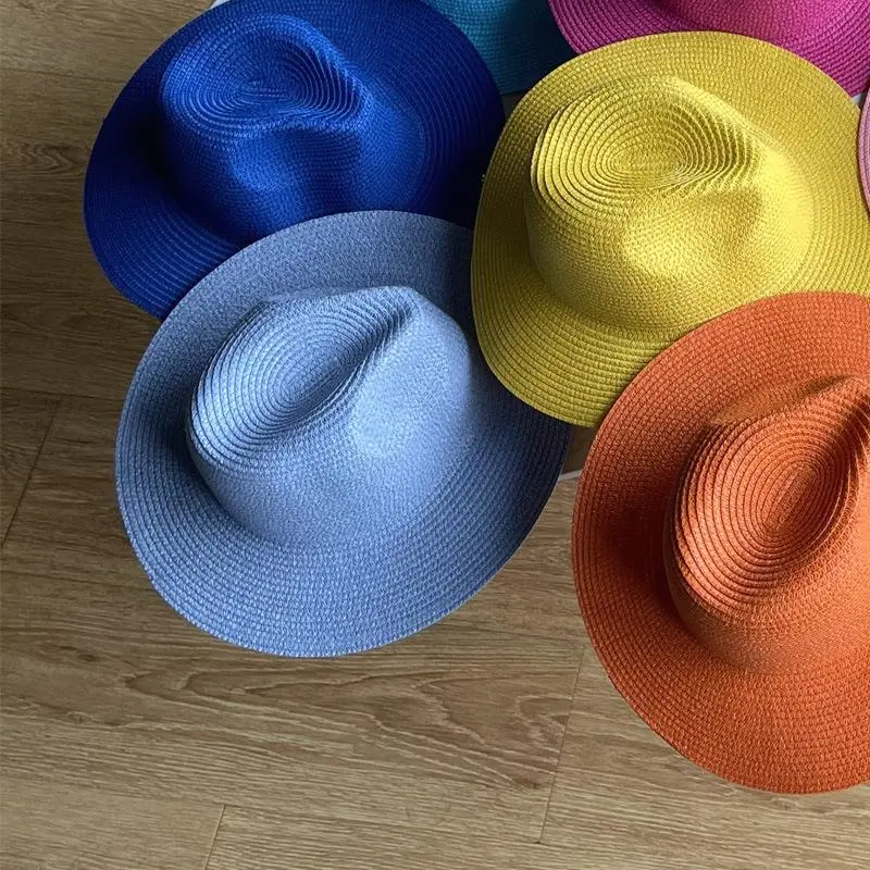 Fresh Colors Jazz Top Caps Women Sunscreen Hat Beach Paper Macaron Colorful Paper Straw Hat Fedoras