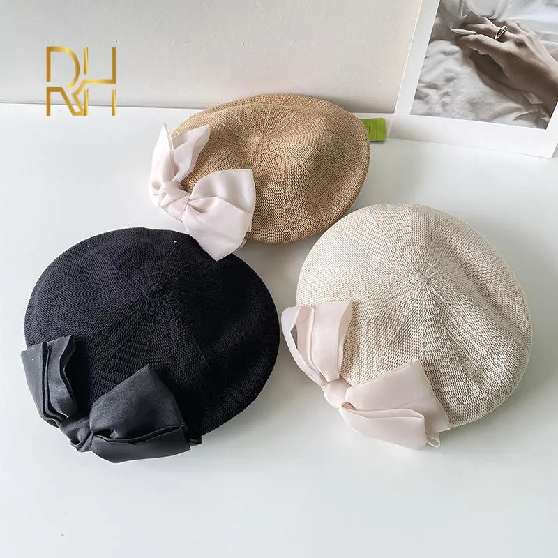 RH Knit Breathable Bow Knot Painter Beret Hat Gift Elegant Hollow Mesh Spring Summer Ladies Head wear Caps