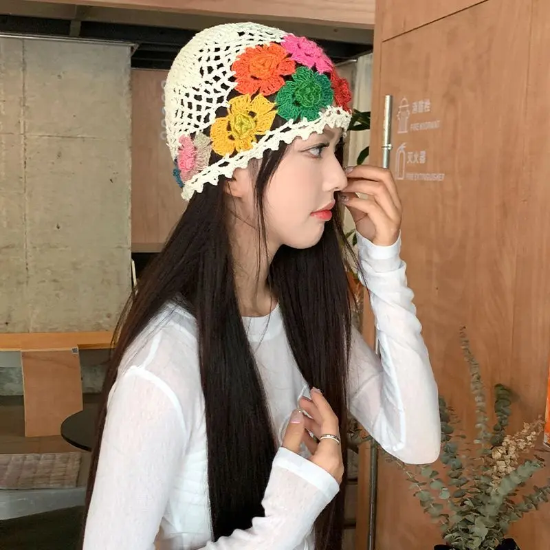 Handmade Women Spring Autumn Knit Crochet Flowers Hollow Light Weight Headwear Beanie Cap
