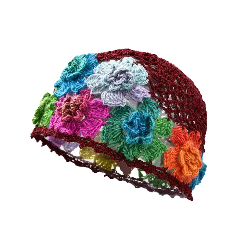 Handmade Women Spring Autumn Knit Crochet Flowers Hollow Light Weight Headwear Beanie Cap