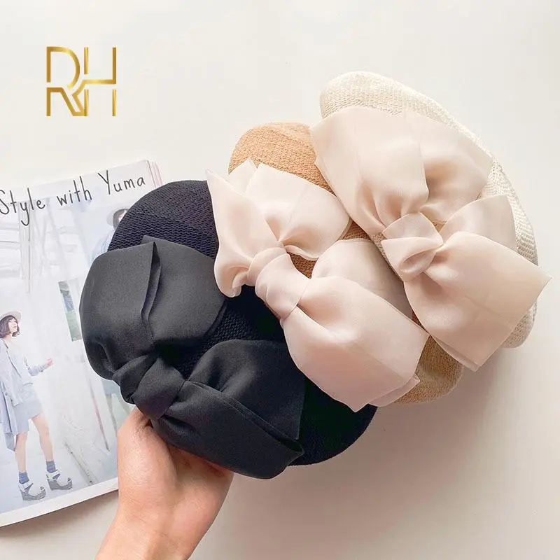 RH Knit Breathable Bow Knot Painter Beret Hat Gift Elegant Hollow Mesh Spring Summer Ladies Head wear Caps