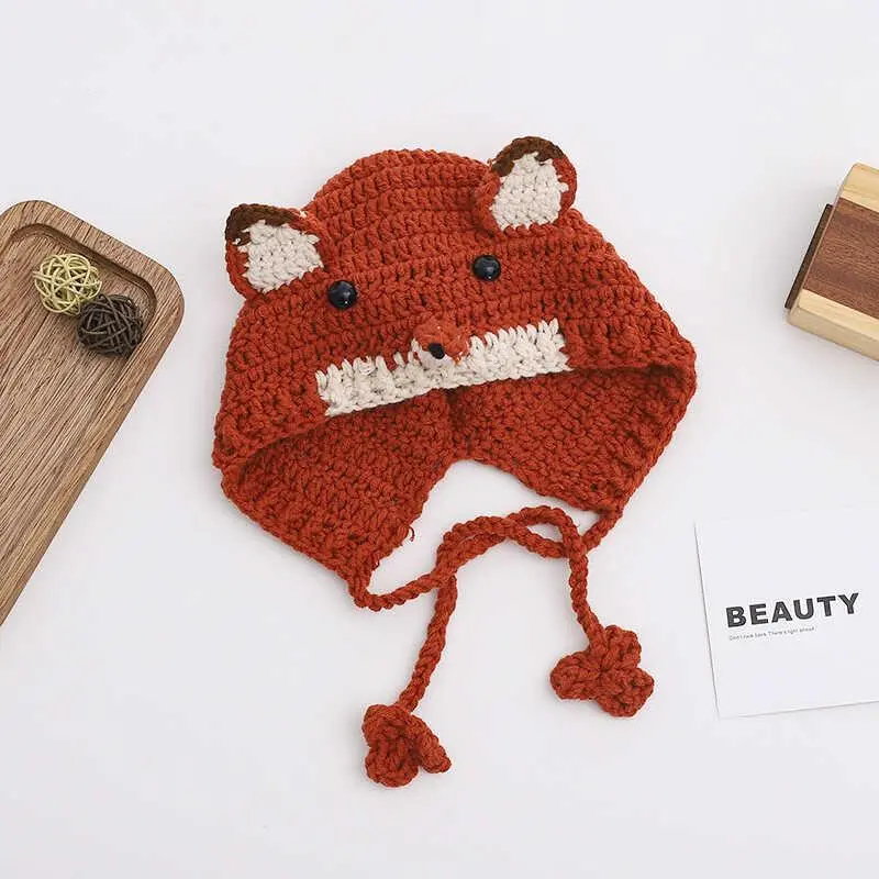 Baby Newborn Fox Ear Stylish Children Windproof Warm Handmade Crochet Knit Toddler Hat Autumn Winter Unisex Beanie