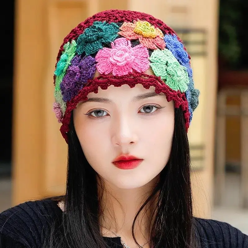Handmade Women Spring Autumn Knit Crochet Flowers Hollow Light Weight Headwear Beanie Cap