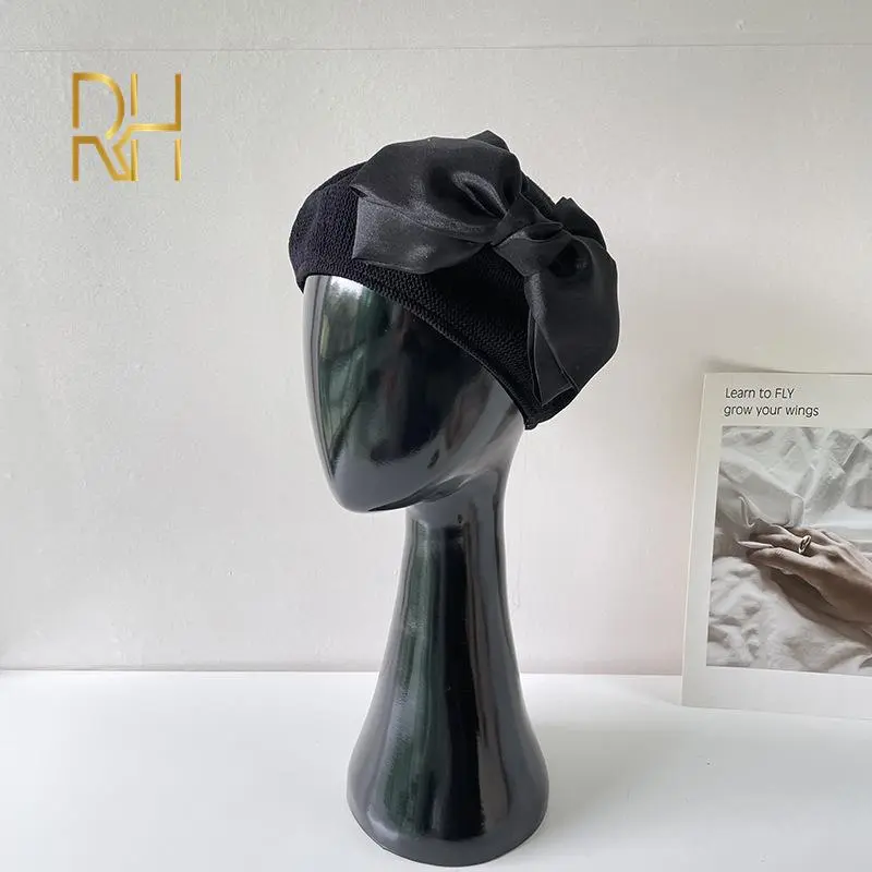 RH Knit Breathable Bow Knot Painter Beret Hat Gift Elegant Hollow Mesh Spring Summer Ladies Head wear Caps