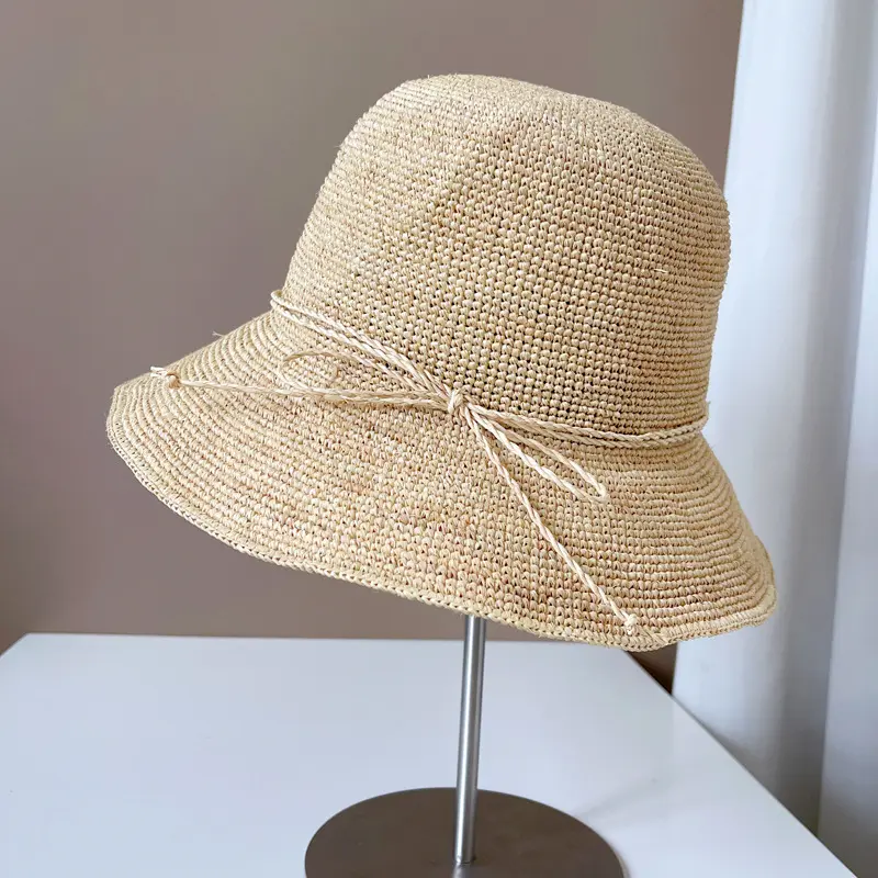 Fine Crochet Bucket Hat Handmade Raffia Straw Hat Fisherman Women's Summer Sun 4 Row Crochet Weave Caps