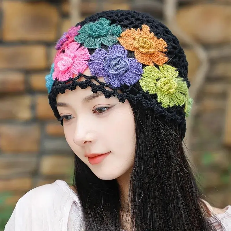 Handmade Women Spring Autumn Knit Crochet Flowers Hollow Light Weight Headwear Beanie Cap