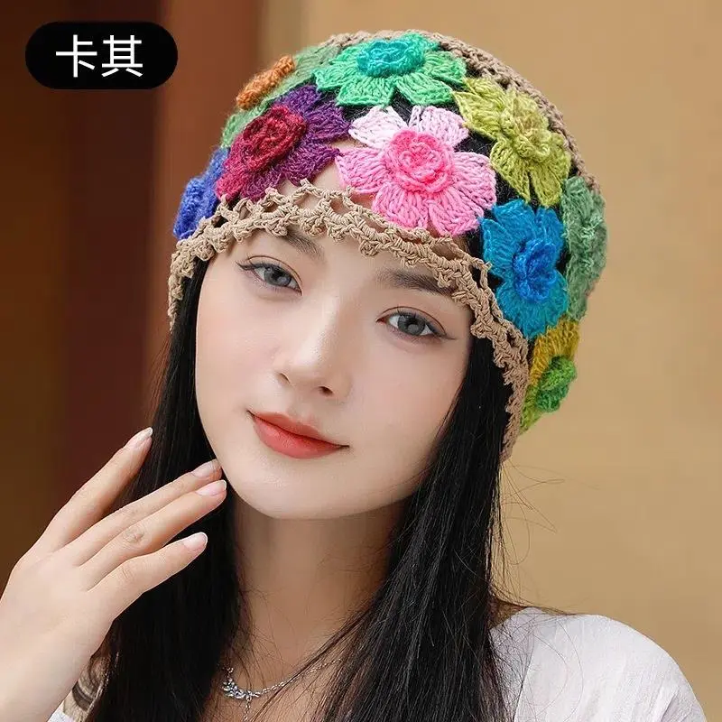 Handmade Women Spring Autumn Knit Crochet Flowers Hollow Light Weight Headwear Beanie Cap